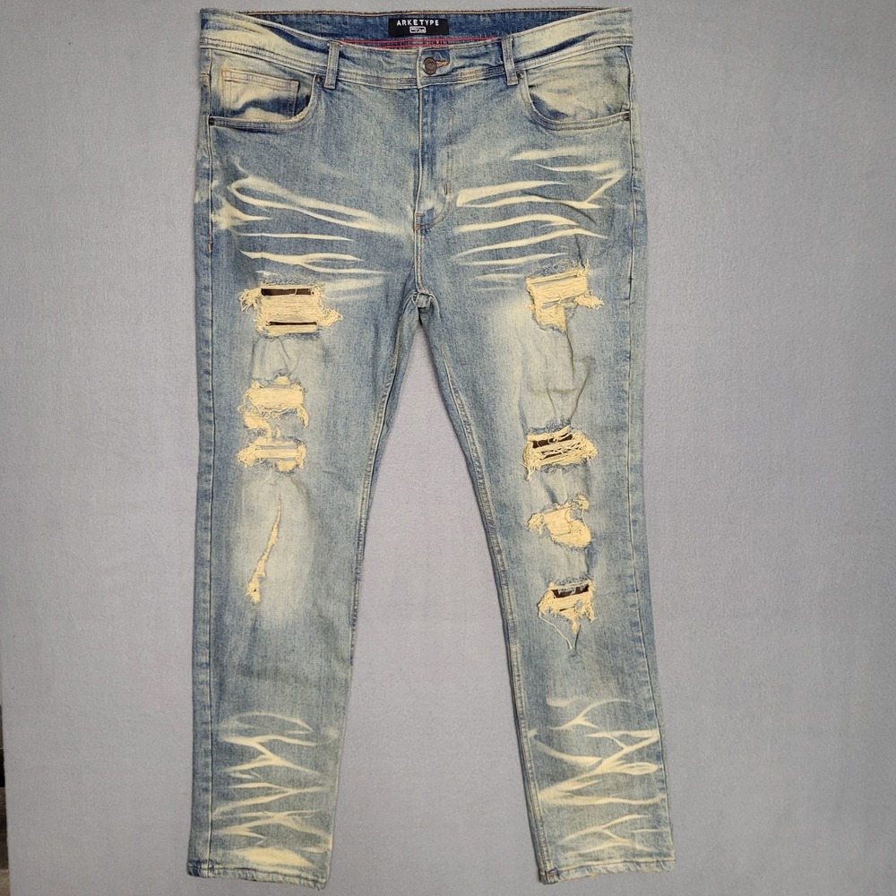 ARKETYPE Mens Light Wash Distressed Ripped Skinny‎ Fit Jeans Size 40x34